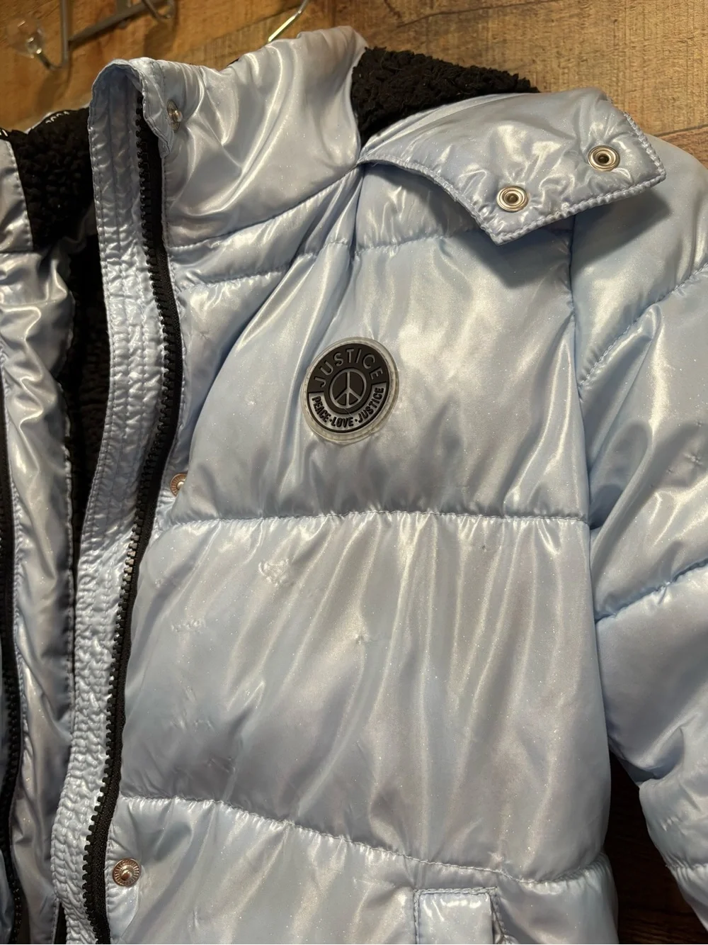 Justice Girls Puffer Coat Size 7/8 Shiny Blue Sherpa Lined Hooded Jacket K020